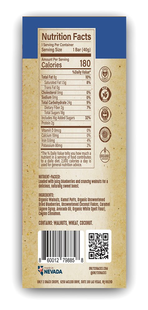 Blueberry & Walnut Snack Bar with nutrition facts