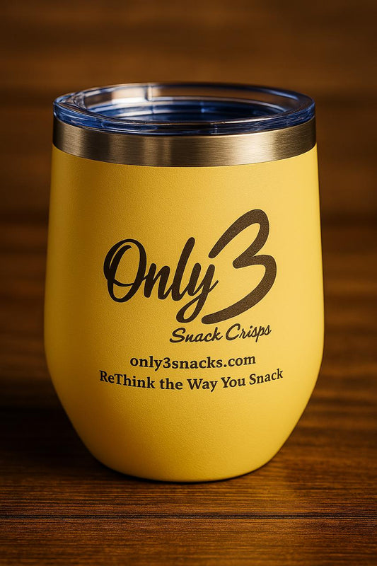 stainless steel tumbler with Only3Snacks logo